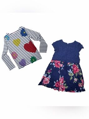 Lot of 2: mini boden Girls Navy Floral Dress with Striped Heart Print Top - Pack